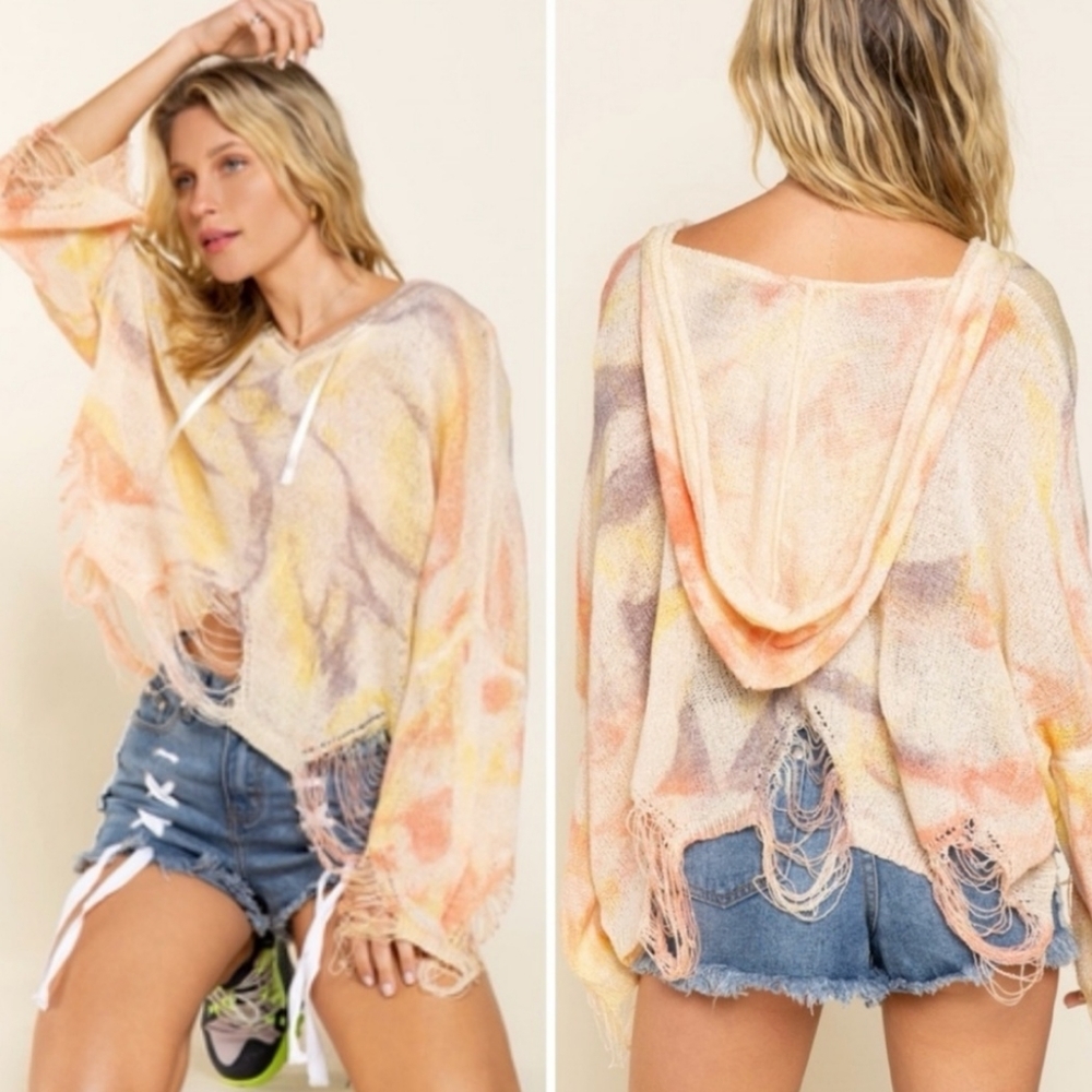 Tie Dye POL Distressed Lightweight Hooded‎ Sweater🧡Pastel Tie Dye Destructed💛